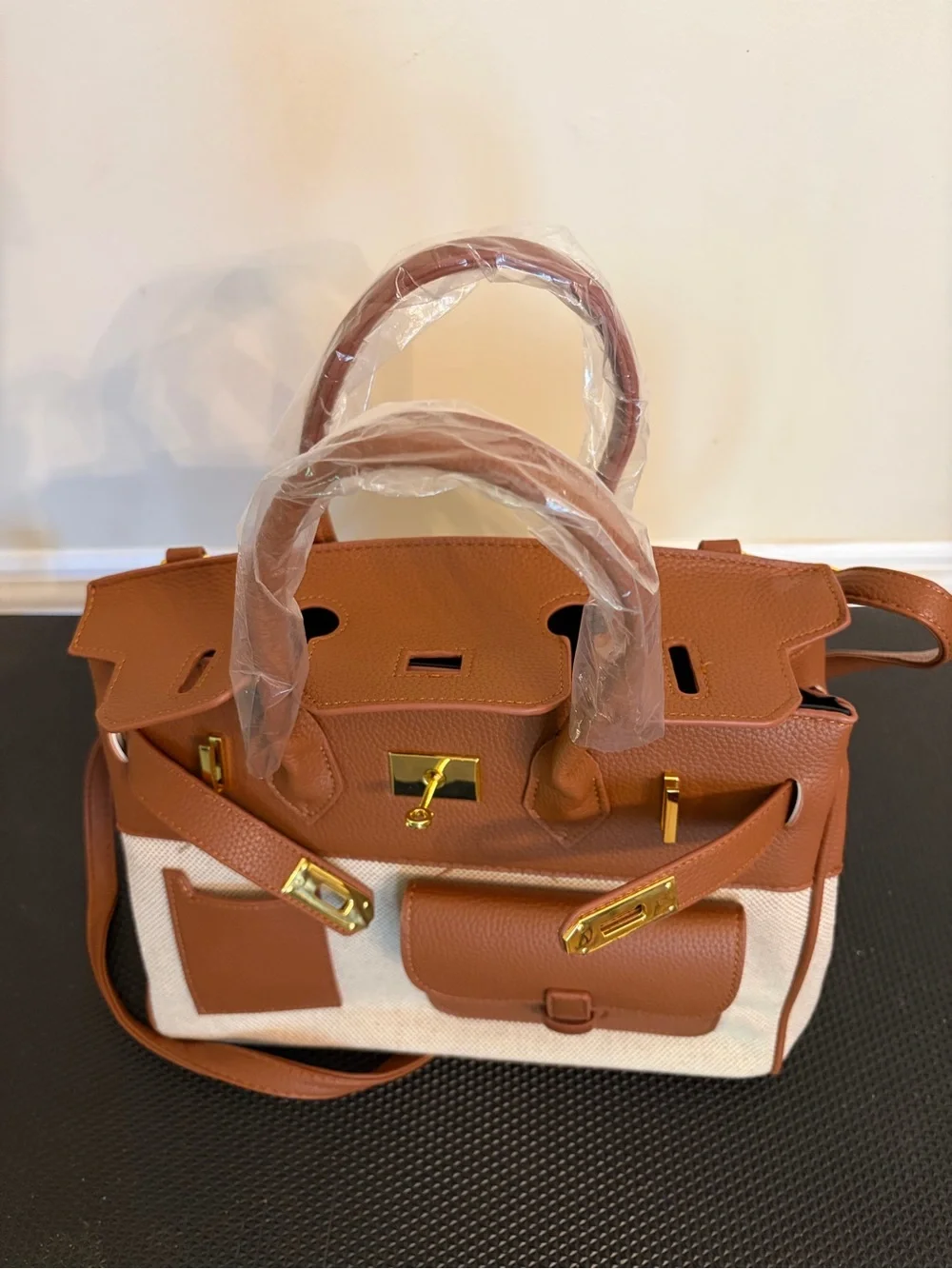 Brown and Cream Two-Tone Satchel Handbag